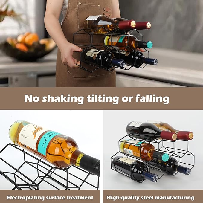 Black Wine Racks Countertop 9 Bottle,Geometric Stainless Steel Wine Bottle Holder,Compact Small Wine Rack for Cabinet Pantry Bar Table No Assembly Required