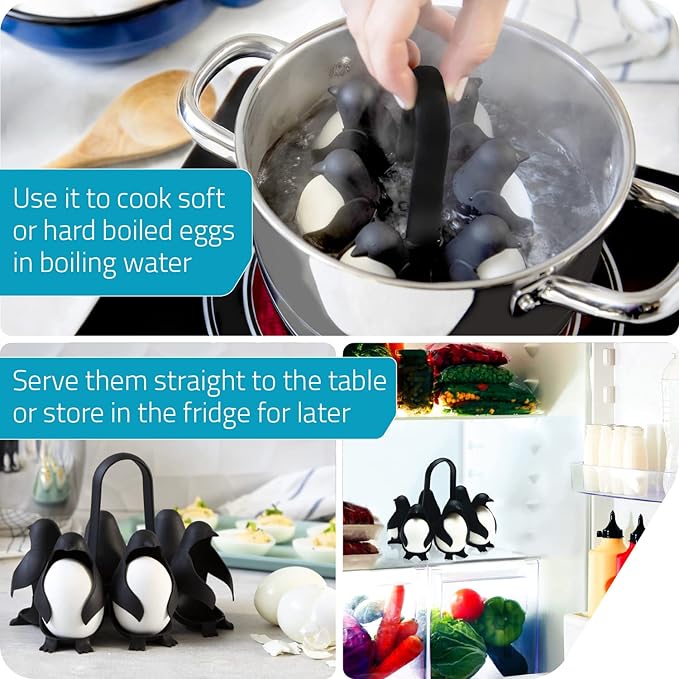 PELEG DESIGN Egguins 3-in-1 Cook, Store and Serve Egg Holder, Penguin-Shaped Boiled Egg Cooker for Making Soft or Hard Boiled Eggs, Eggies, Holds 6 Eggs for Easy Cooking and Fridge Storage