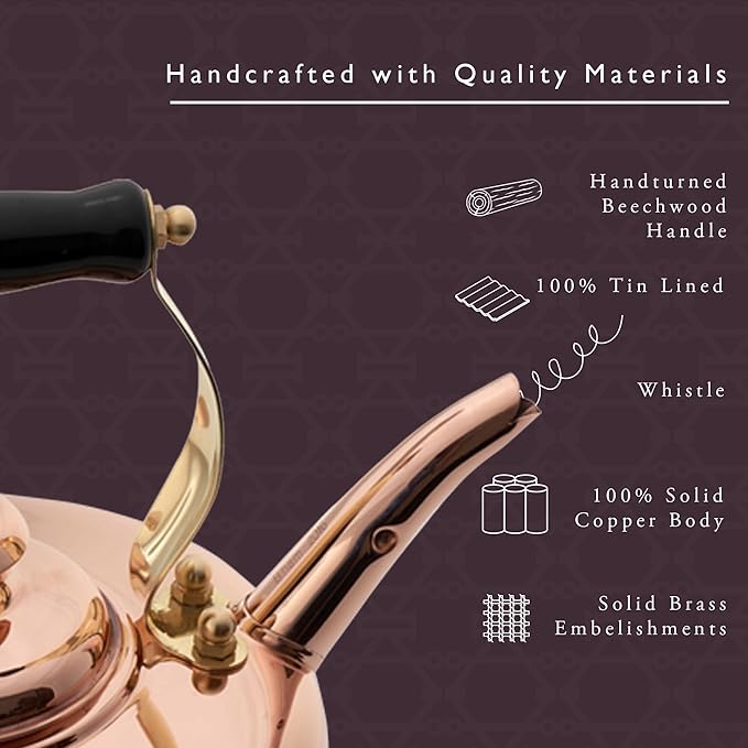 Newey & Bloomer Kensington No. 1 Tea Kettle, 1.9 Qt. - Handmade Solid Copper Body & Beechwood Handle, Whistling Lid - Classic British Craftsmanship - Gas & Electric Compatible