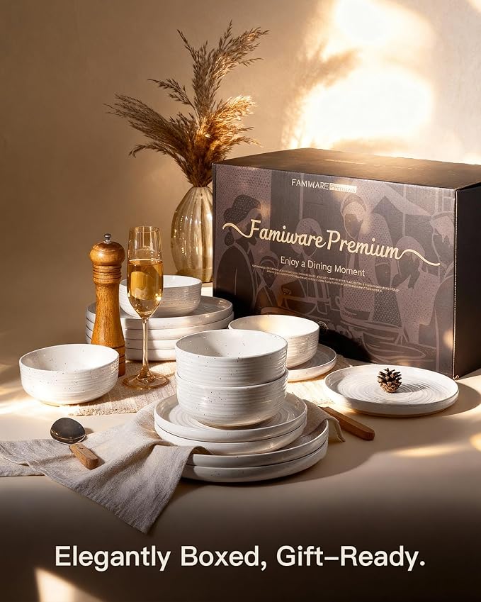 Plates and Bowls Sets for 6, Famiware Premium 18-Piece Stoneware Dinnerware Set, Spiral Flared Dish Set with Speckles & Reactive Glaze - Microwave & Dishwasher Safe Tableware, White