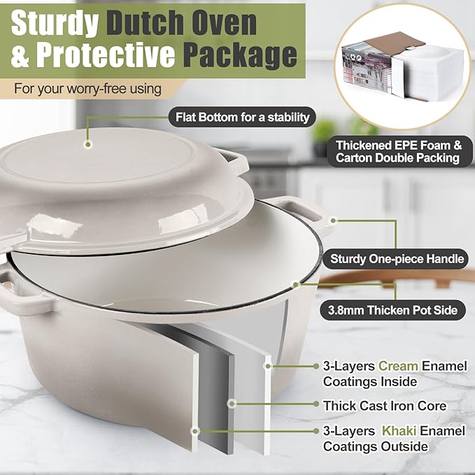 P&P CHEF 5Qt Dutch Oven Pot for Bread Baking (Khaki), 2 In 1 Round Cast Iron Dutch Oven with Lid Set, Skillet & Pot for Roasting Braising Stewing Frying Simmering, Multi Stoves & Oven Safe