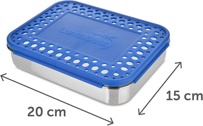 LunchBots Large Cinco Stainless Steel Lunch Container - Five Section Design Holds a Variety of Foods - Metal Bento Box - Dishwasher Safe - Stainless Lid - Blue Dots