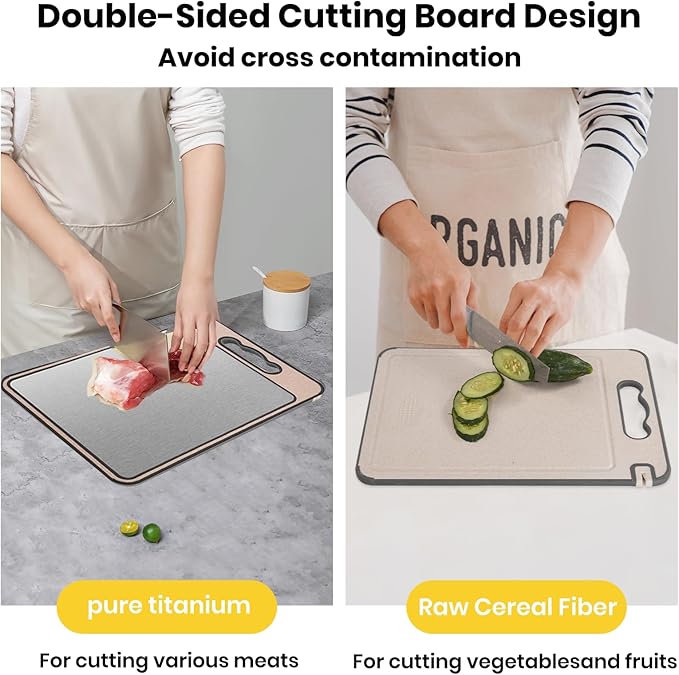 2-IN-1 Titanium Cutting Board for Kitchen Pure Titanium and Wheat Straw PP Scratch-Resistant 15.8x10.6 Inch, (Beige Titanium)
