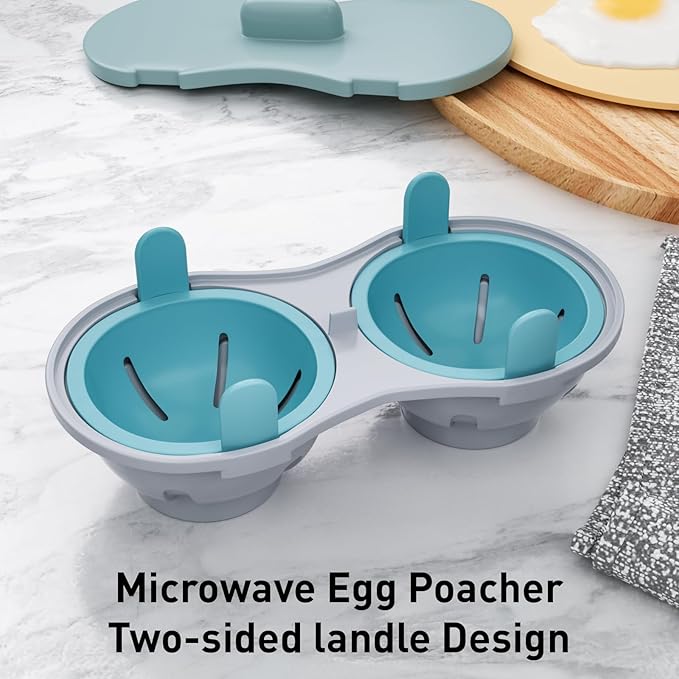 Microwave Egg Poacher with Lid, Double Cup Design, Turquoise and Gray, Food Grade PP Material, 8.7x4.3 Inch, Anti-Slip Bottom, Quick Egg Cooking