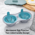 Microwave Egg Poacher with Lid, Double Cup Design, Turquoise and Gray, Food Grade PP Material, 8.7x4.3 Inch, Anti-Slip Bottom, Quick Egg Cooking