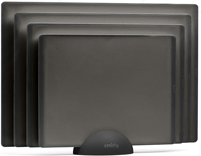 SMIRLY Plastic Cutting Board Set with Holder 4 Pieces, Non-Slip Dishwasher Safe Chopping Boards for Kitchen, Dark Grey