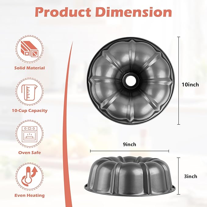 E-far 10 Inch Fluted Cake Pan, Nonstick Tube Pan for Baking Pound Cake, Heavy Duty Carbon Steel Round Baking Mold, Easy Release & Easy to Clean, 10 Cup, Gray