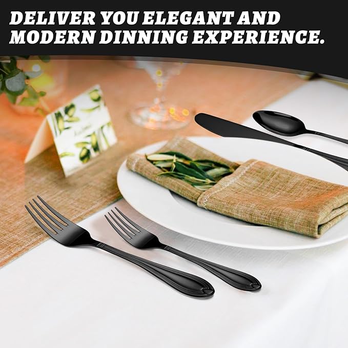 TIVOLI Silverware Set for 6, 30 Piece Heavy Duty Stainless Steel Flatware Utensils Cutlery Set Including Steak Knife Fork and Spoon, Dishwasher Safe, Gift Package for Wedding Housewarming (Black)