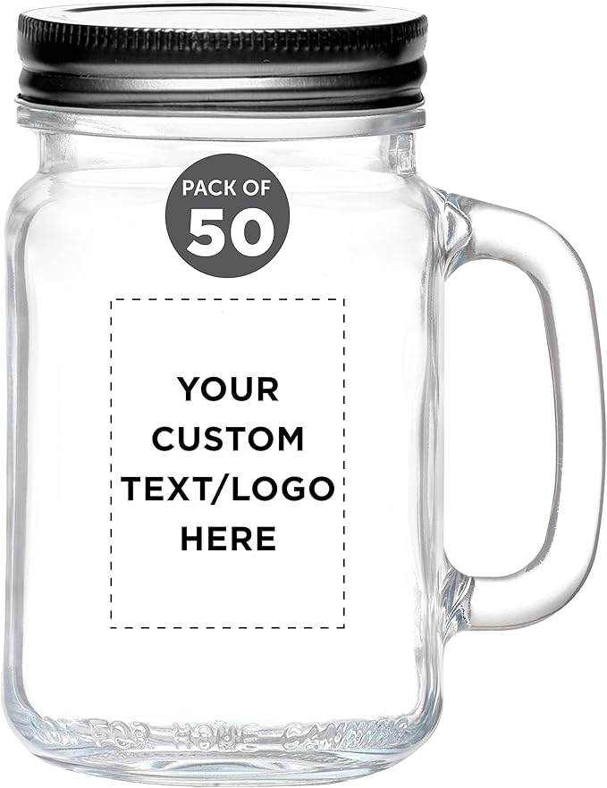 DISCOUNT PROMOS Custom Libbey Handle Mason Jars w/Lids 16 oz. Set of 50, Personalized Bulk Pack - Traditional style, High standard - Clear