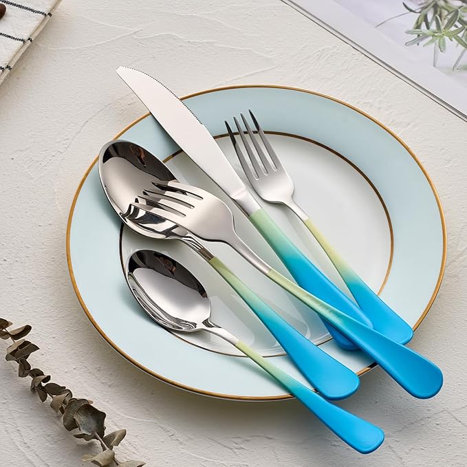 Colorful Silverware Set 20 Piece 18/0 Stainless Steel Flatware Blue and Yellow Handle Cutlery Set Service for 4 Fork Knife Spoon Set Mirror Finish Dishwasher Safe