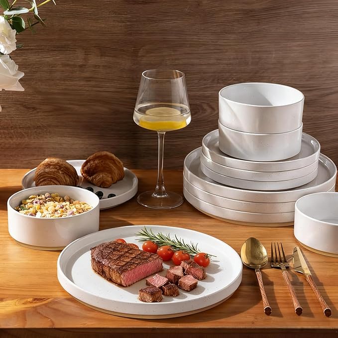 AmorArc Ceramic Dinnerware Set for 4 | Speckled Stoneware Plates and Bowls with unglazed terracotta | Scratch Resistant, Dishwasher & Microwave Safe Dishes Sets- 12-Pcs Milk White