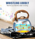 Stainless Steel Tea Kettle Blue, Teapot 3.2 Quart Whistling Tea Kettle, Tea Pots for Stove Top with Wood Pattern Handle, Gas Electric Applicable