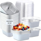 Aoriher 150 Pieces 10 oz Mini Cake Pans with Lids Aluminum Foil Baking Cups Square Disposable 4" x 4" Large Cupcake Cups Baking Tins for Kitchen Brownie Pudding Desserts Holders(White)