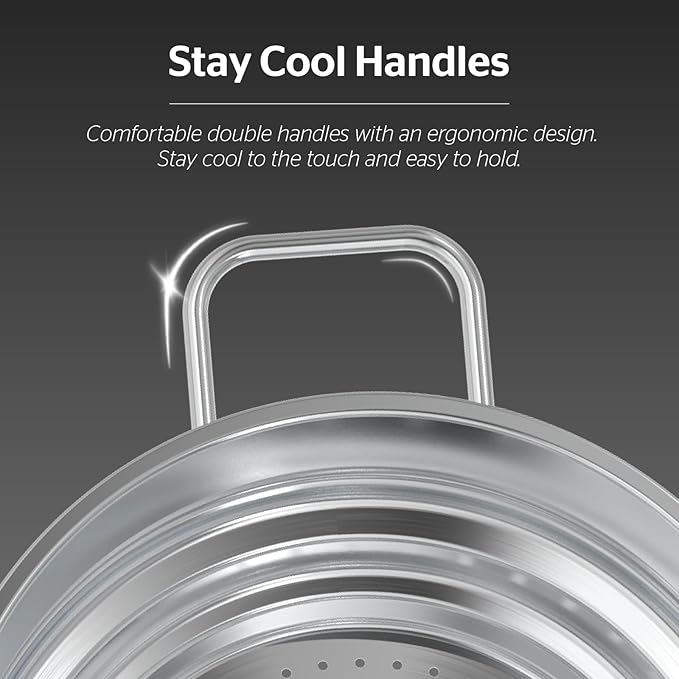 SUNHOUSE 5 Quart Stainless Steel Steamer Insert – Multi-Purpose Soup & Food Steamer with Stay-Cool Handles & Heavy-Duty Glass Lid – Fits Various Pot Sizes (8", 9", 9.5")