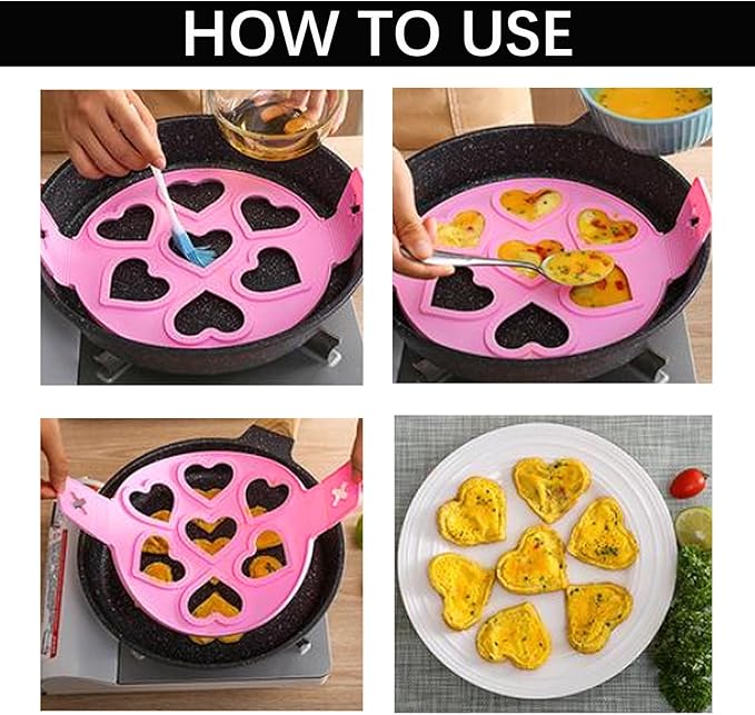 Pancake and Egg Mold 7 Cavity,Reusable Non-Stick Silicone Heart Star Shape Mold with Handle for Making Mini Pancakes, Fried Eggs, Muffins, Burgers