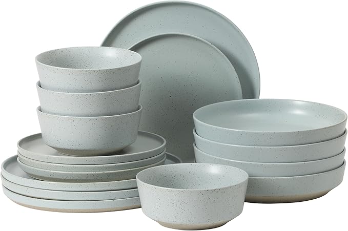 Gibson Elite Overbrook 16-Piece Pottery Clay Stoneware Dinnerware Set – Light Blue Reactive Glaze, Stackable Plates and Bowls w/Pasta Bowl, Service for 4 – Microwave & Dishwasher Safe