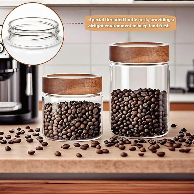 Set of 2 Glass Food Storage Jars, Premium Clear Glass Container Jar with Airtight Wooden Screw Lid, Kitchen Canisters for Coffee,Tea,Pasta,Cookies, Nuts,Spice,Candy,Overnight Oatmeal