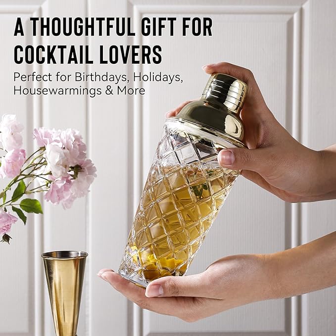 Cocktail Shaker Set with Coupe Glasses – 5-Piece Gift Set Includes Pineapple Glass Shaker with Gold Lid, Jigger, Bar Spoon & 2 Ribbed Gold-Rimmed Glasses – Bartender Kit for Home Bar