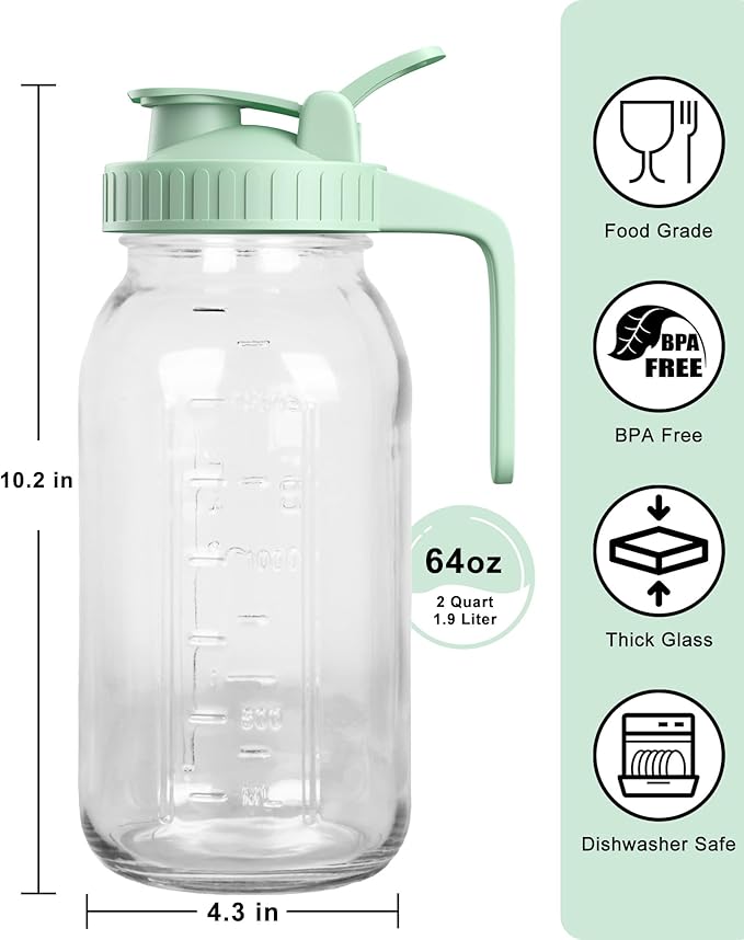 64oz Glass Mason Jar Pitcher with Lid and Spout, 2 Quart Airtight Glass Water Jug, Leakproof Wide Mouth Mason Jar Pitcher for Iced Sun Tea, Milk Storage, Cold Brew Coffee, Juice, Green