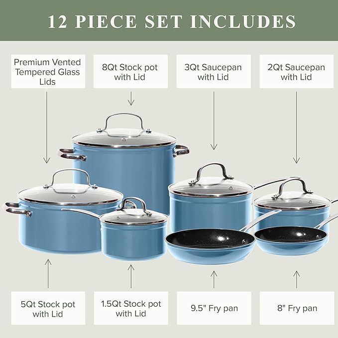 Nuwave Healthy Duralon Blue Ceramic Nonstick Cookware Set, Diamond Infused Scratch-Resistant, PFAS Free, Dishwasher & Oven Safe, Induction Ready & Evenly Heats, Tempered Glass Lids & Stay-Cool Handles