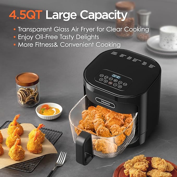 Vexon 4.5L Glass Air Fryer ，Clear Viewing Window ，Easy-to-Clean Basket ，Multiple Cooking Modes ，User-Friendly Digital Controls (Black)