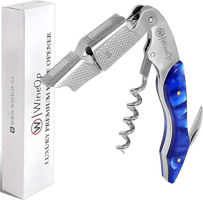 WineOp Professional Wine Opener Luxury Double Hinged Waiter's Corkscrew Wine Bottle Key - Cork screwer for Servers, Bartenders, Sommelier and Home Use | All-In-One Stainless Steel (Blue Resin)