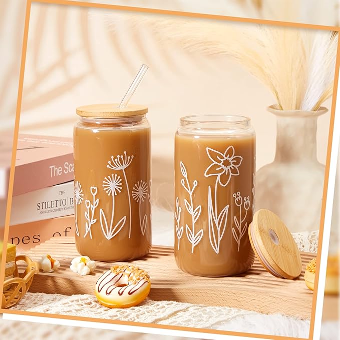 Mumufy 4 Pack Gift for Women Cute Glass Cup Tumbler Flower Iced Coffee Mugs 16 oz Glass with Bamboo Lid & Straw, Mothers Day Birthday Gift for Mom Sister Bridesmaid Baby Shower (Boho Floral)