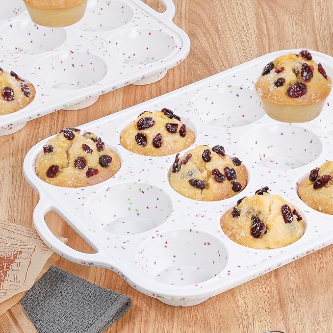 CAKETIME Silicone Muffin Pan with Metal Frame, Metal Reinforced Frame Regular Size Cupcake Pan with Handle 12 Cups Nonstick Muffin Pan for Baking BPA Free 2 Pack