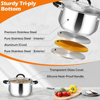 P&P CHEF Stainless Steel Stock Pot, 5 Qt Cooking Soup Pot with Visible Lid for Pasta, Tri-Ply Bottom & Dual Heatproof Handles, For Induction Gas All Stoves, Non-Toxic & Dishwasher Safe