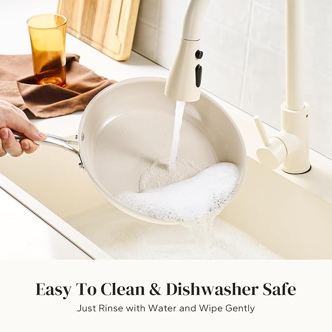 Redchef Ceramic Non Stick Egg Pans, Nonstick Frying Pan Skillet, 8 inch Cooking Pan Non Toxic with Stay Cool Handle for Induction, PTFE & PFAS & PFOA Free, Dishwasher/Oven Safe (Beige White)