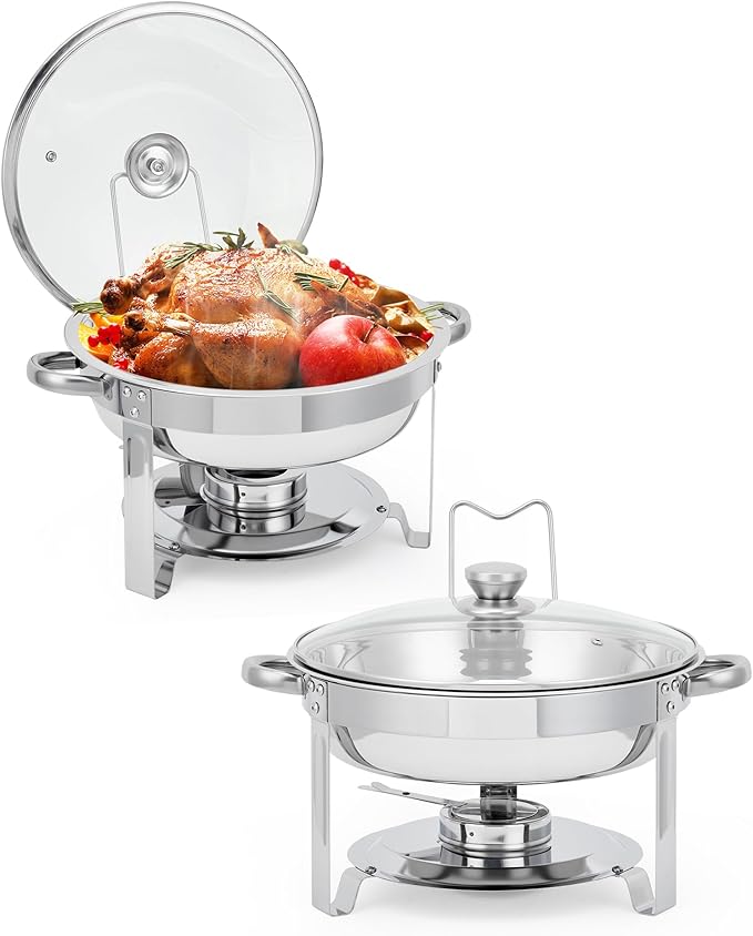 Garvee Chafing Dishes for Buffet Set of 2, 5 QT Round Buffet Servers and Food Warmer Set with Glass Lid, Holder & Drip Tray, Stainless Steel Chafers for Catering Parties Wedding Banquet, Silver