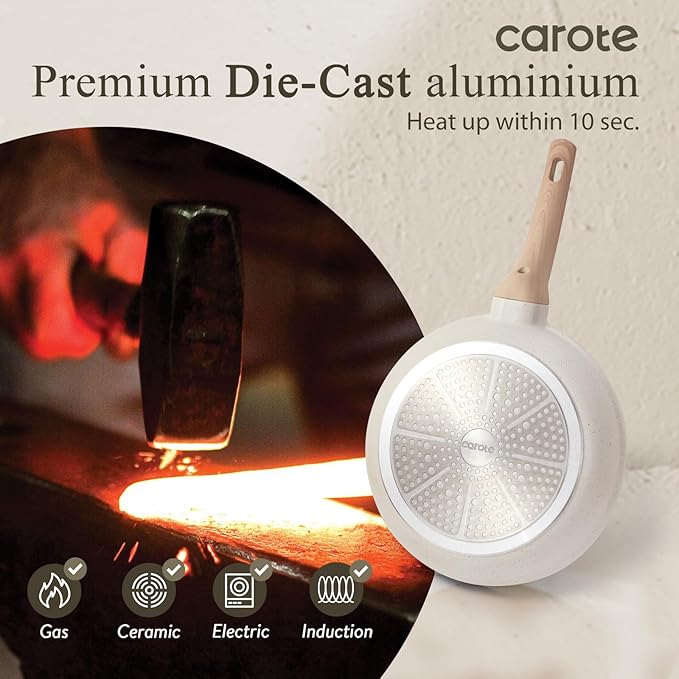 CAROTE Non Stick Frying Pan Skillet, Omelet Pan, Healthy Non Toxic Granite Chef Pan, Induction Compatible Egg Frying Pan with Heat-Resistant Handle, PFOA-Free,Cream White, 8"