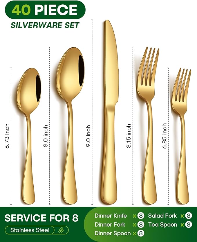 40 Piece Gold Silverware Set, Stainless Steel Flatware Set for 8 Food Grade Cutlery Utensil Set Include Knife Fork Spoon Mirror Polished Dishwasher Safe