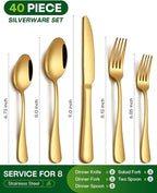 40 Piece Gold Silverware Set, Stainless Steel Flatware Set for 8 Food Grade Cutlery Utensil Set Include Knife Fork Spoon Mirror Polished Dishwasher Safe