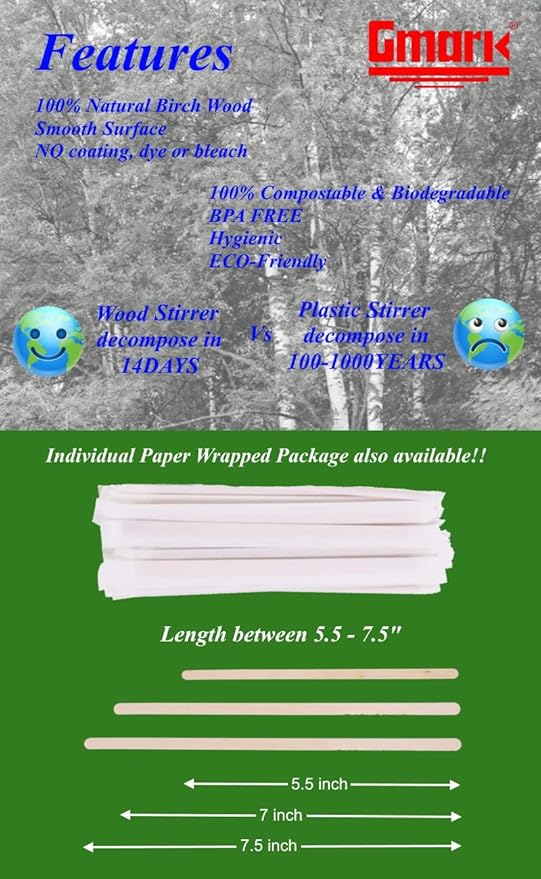 Gmark Individually Wrapped Wood Coffee Stir Sticks - 7" (length 178mm, width 6mm, thick 1.8mm) - 500pc Round End, Eco Friendly Coffee Stirrers for Hot Drinks - Natural Birch Wood GM1116A