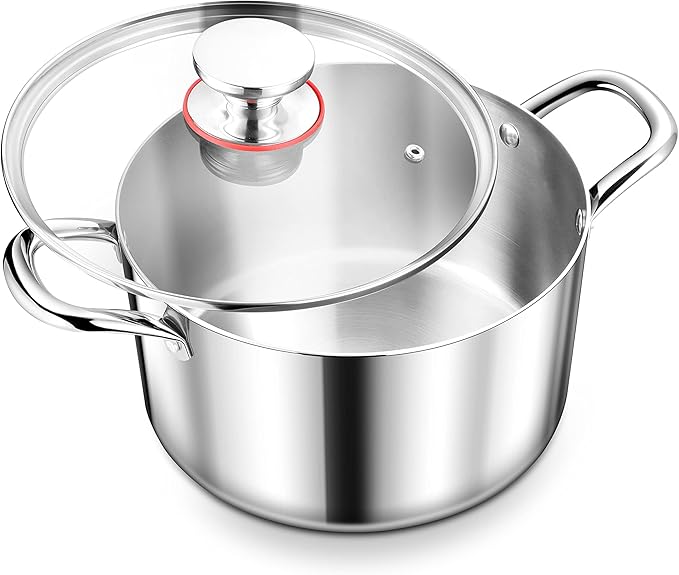 Herogo 6 Quart Stock Pot, 18/10 Stainless Steel Pasta Stockpot with Lid, 6 QT Cooking Pot with Handles, Tri-Ply Stockpot for Induction Gas Electric Stove, Dishwasher Safe