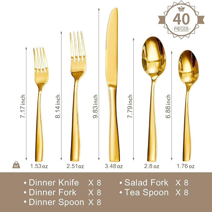 HIKAA Forged Silverware Set Stainless Steel Flatware Set,Service for 8,Matte Satin Polished Cutlery Set,Dishwasher Safe (Gold, 40PCS)