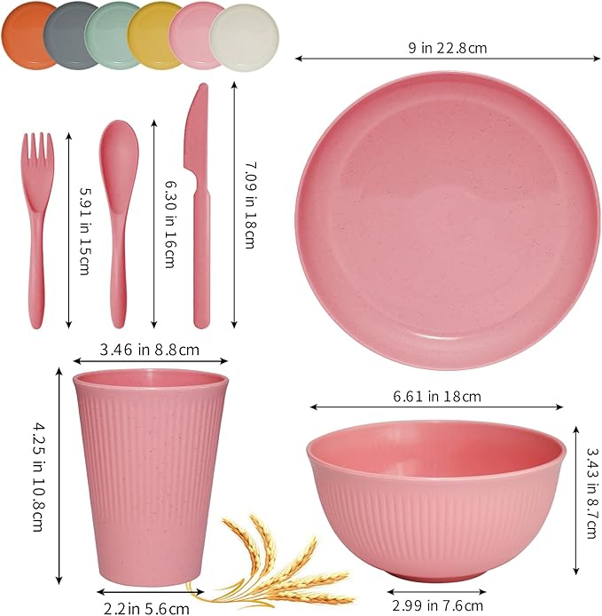36 pcs Wheat Straw Dinnerware Sets DAPIPIK Unbreakable Reusable Dinnerware Set ，Lightweight Camping Plates Cups and Bowls Set. Dishwasher Microwave Safe Dinnerware