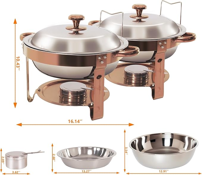 2-Pack Round Chafing Dishes for Buffet, 5QT Stainless Steel Buffet Chafing Set for Catering, Parties & Events-Rose Gold