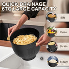 Colander for Kitchen, 6 QT Metal Colander with Wood Handle, Essentials Kitchen Gadgets Strainers and Colanders Food Strainer Basket for Draining Pasta Strainer, Vegetable & Fruit, Black