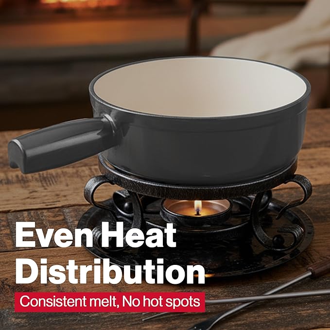 Swissmar Lugano Cast Iron Cheese Fondue Set, 9-Piece, 2 QT / 2 L - Ideal for Melting Cheese, Chocolates, Caramel, & More - Perfect for Kitchen Collection & Gift Giving - Metallic Black