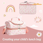 Insulated Kids Dual Compartment Lunch Bags Tote for Girls Boys Toddler Lunch Boxes Pre-School Toddler Kindergarten Elementary Picnic Food Cooler Thermal with Strap (Rainbow Daisies)