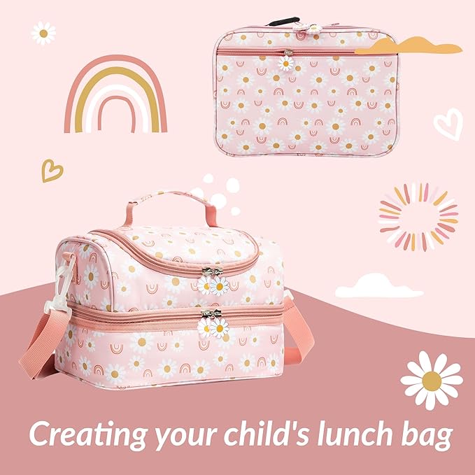 Insulated Kids Dual Compartment Lunch Bags Tote for Girls Boys Toddler Lunch Boxes Pre-School Toddler Kindergarten Elementary Picnic Food Cooler Thermal with Strap (Rainbow Daisies)