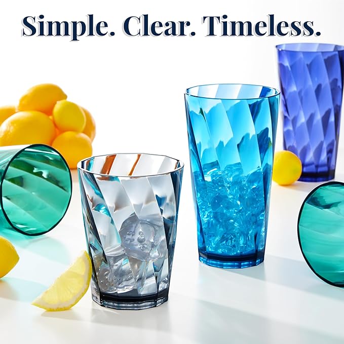 US Acrylic Optix Plastic Reusable Drinking Glasses (Set of 16) 14oz Rocks & 20oz Water Cups in Coastal Colors | BPA-Free Tumblers, Made in USA | Top-Rack Dishwasher Safe