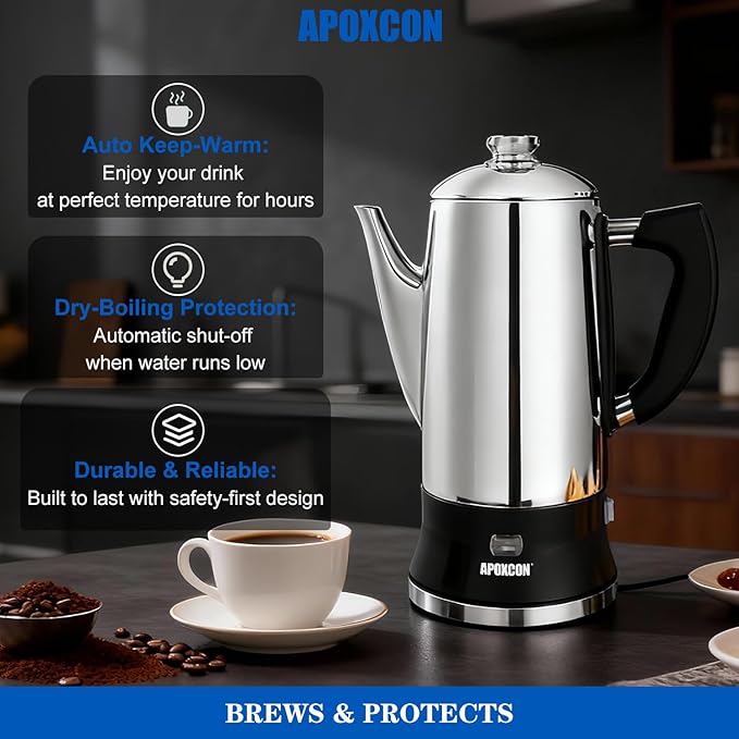 Electric Coffee Percolator Stainless Steel Coffee Maker with Clear Brew Progress Tough Glass Knob and On/OFF Switch Classic Coffee Pot with Keep Warm & Cordless Serve No Aluminum (12 Cup)
