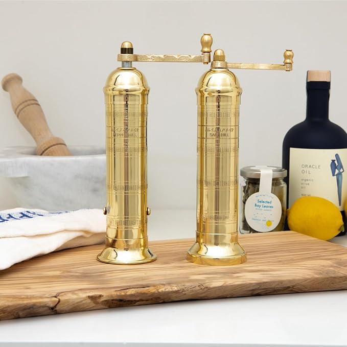 The Original Greek Pepper Mill 10 Inch Tall | European Pepper Mill Grinder with Crank Handle | Manual Pepper Grinder | Peppercorns Refillable - Brass