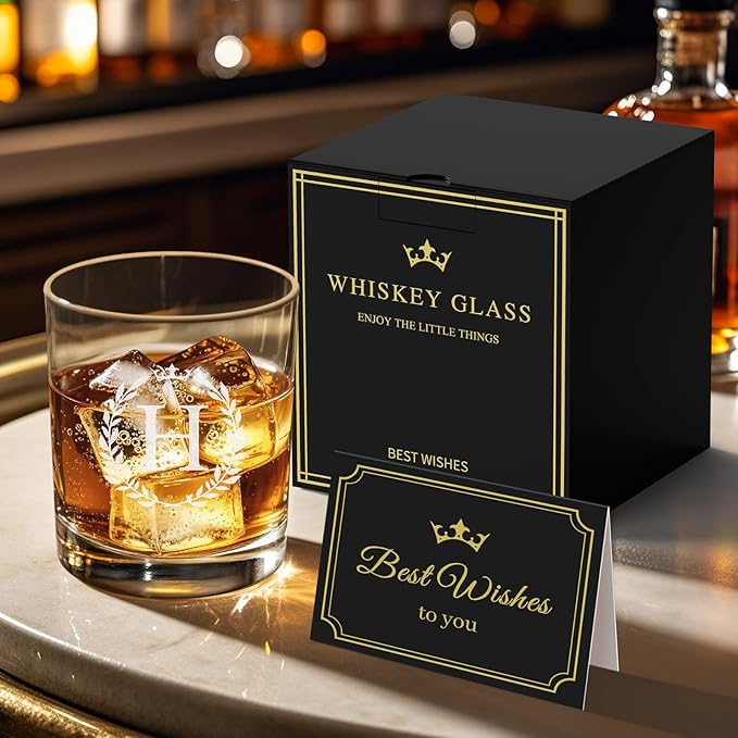 Personalized Whiskey Glasses Gifts for Men, Monogrammed Engraved A-Z 10.6 oz Rocks Glass Customized Gift, Unique Christmas Birthday Gifts for Men Him Dad Husband Brother Son (H)