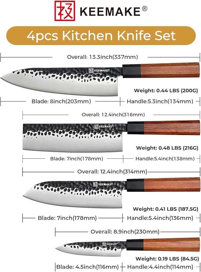 KEEMAKE Kitchen Knife Set 4-pcs - Professioanl Sharp Knife Set with Japanese 440C Stainless Steel Blade with Octagon Rosewood Handle knives Set for Kitchen with G11 Bolster Kitchen Knives