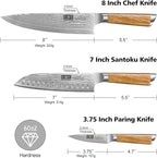 Damascus Kitchen Knife Set 3-Piece, Ultra Sharp 8" Chef Knife, 7" Santoku Knife, 3.75" Paring Knife, Professional VG-10 Damascus Super Steel Chef Knife Set with Ergonomic Handle