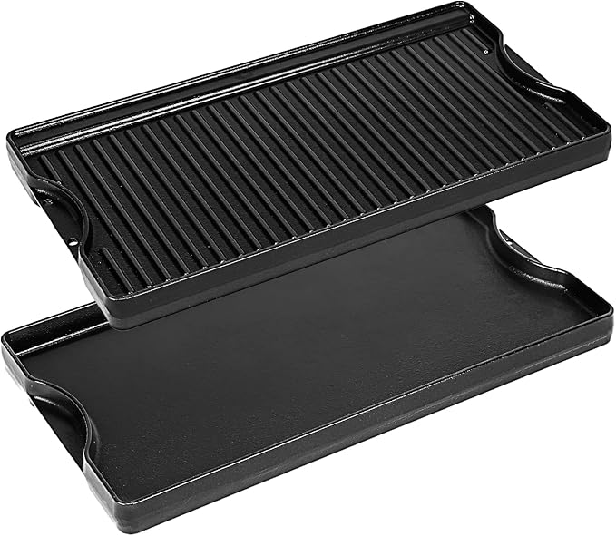 Utheer Nonstick Reversible Cast Iron Griddle 19.5"x 10.5", Ceramic Cooking Surface, Flat & Ribbed Sides, with High Sides & Grease Trap, Stovetop Griddle for Gas Grill, Charcoal, Oven & Outdoor BBQ
